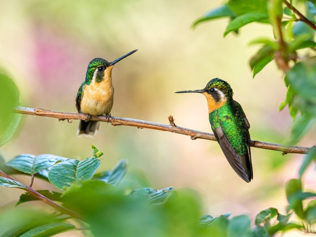 Two green and yellow birds perched on a branch