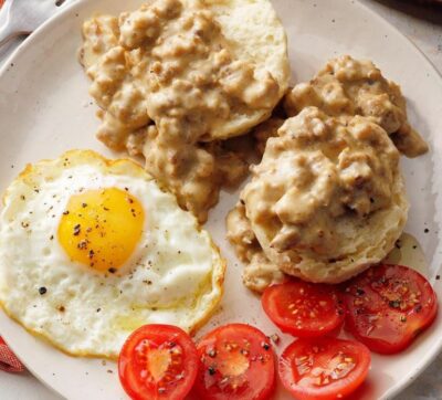 Breakfast Of Eggs And Sausage Biscuits